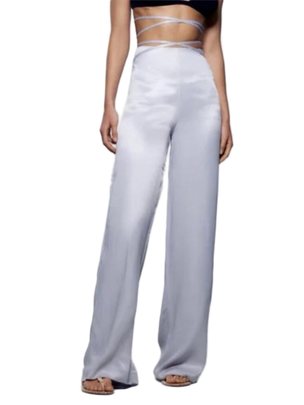 Zara Lavender Purple Satin Flowing Wide Leg Pants High Waisted Wrap Tie Small